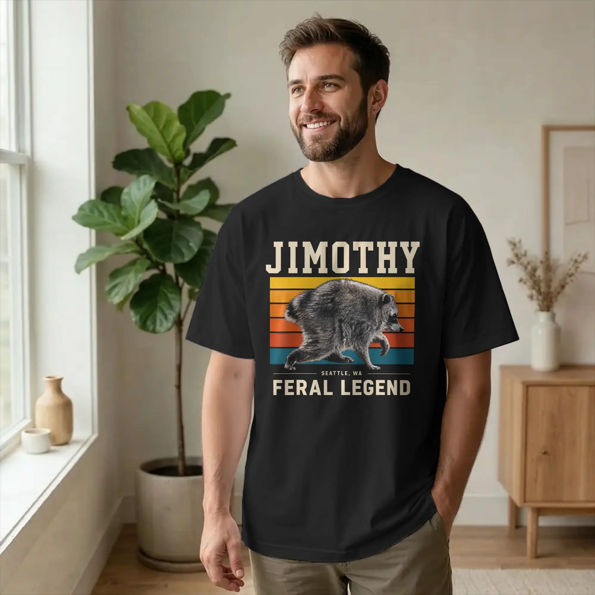 Фото Футболка Jimothy Raccoon Seattle Feral Legend, хлопковые топы унисекс, необычные хлопковые топы с круглым вырезом и короткими рукавами №2
