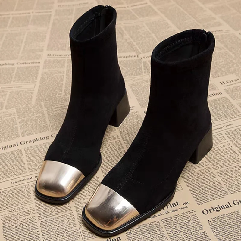 

Женские замшевые ботинки челси на среднем каблуке, зимние Дизайнерские ботильоны на массивном каблуке-гладиаторе с квадратным носком, мотоциклетные полусапожки на молнии, 2024