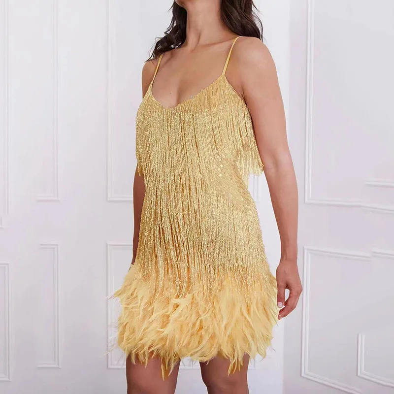 Sexy Women'S Fringed Sequin Feather Stitching Dress 2022 Summer Slim V-Neck Off Shoulder Dresses Female Backless Slip Mini Robe