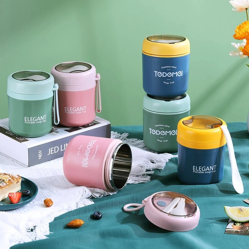 

Mini Microwave Thermal Lunch Box with Spoon Stainless Steel Vaccum Cup Food Container Insulated Metal Lunch Boxs Soup Bento Box