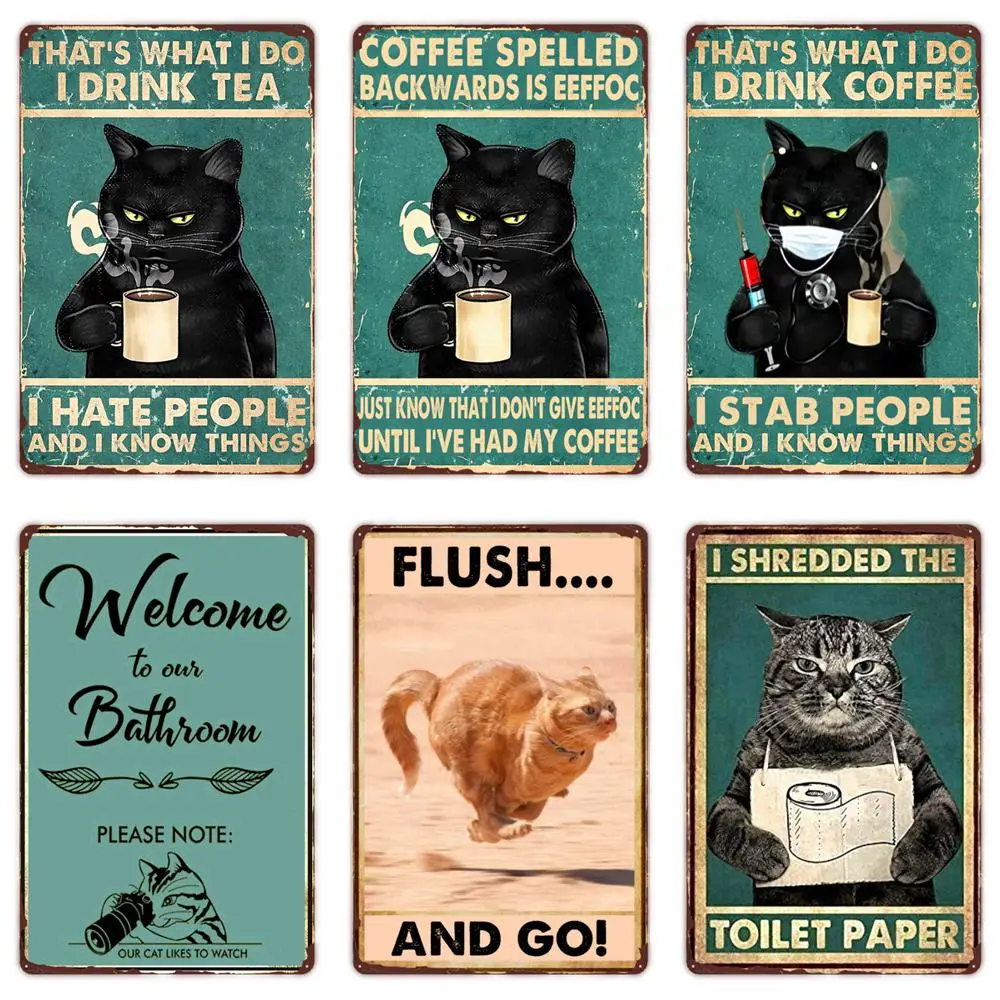 

Black Cat Vintage Tin Signs Before Coffee I Hate Everyone Wall Decor Funny Metal Art Poster for Home Bar Pub Cafe Farm Bathroom