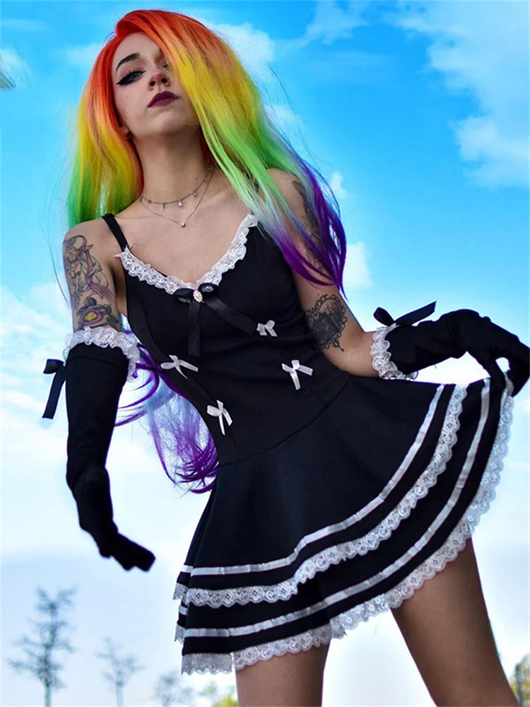 Женское винтажное платье в полоску кружевное Лолита с открытыми плечами и бантом