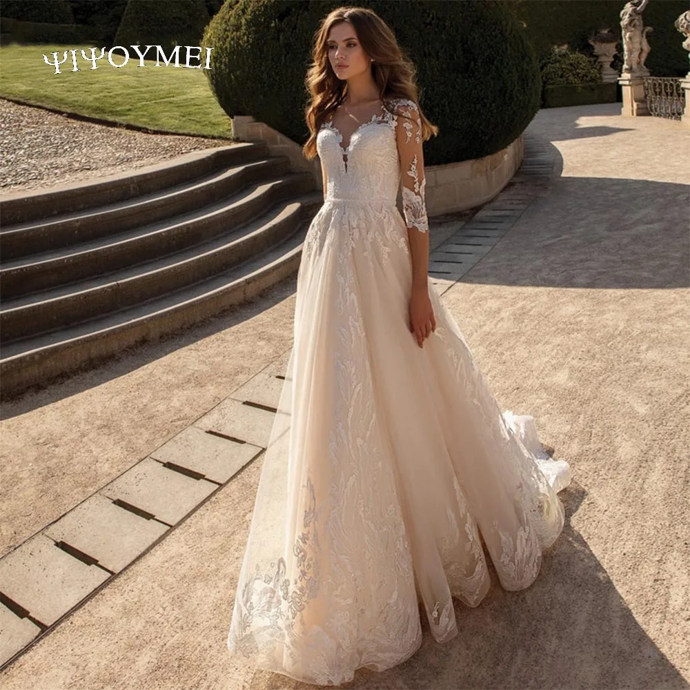 Купи Elegant V-Neck Wedding Dress 3/4 Sleeve Lace Appliques Boho A-Line Bridal Gown Tulle Illusion Button Sweep Train Vestidos Noiva за 4,979 рублей в магазине AliExpress