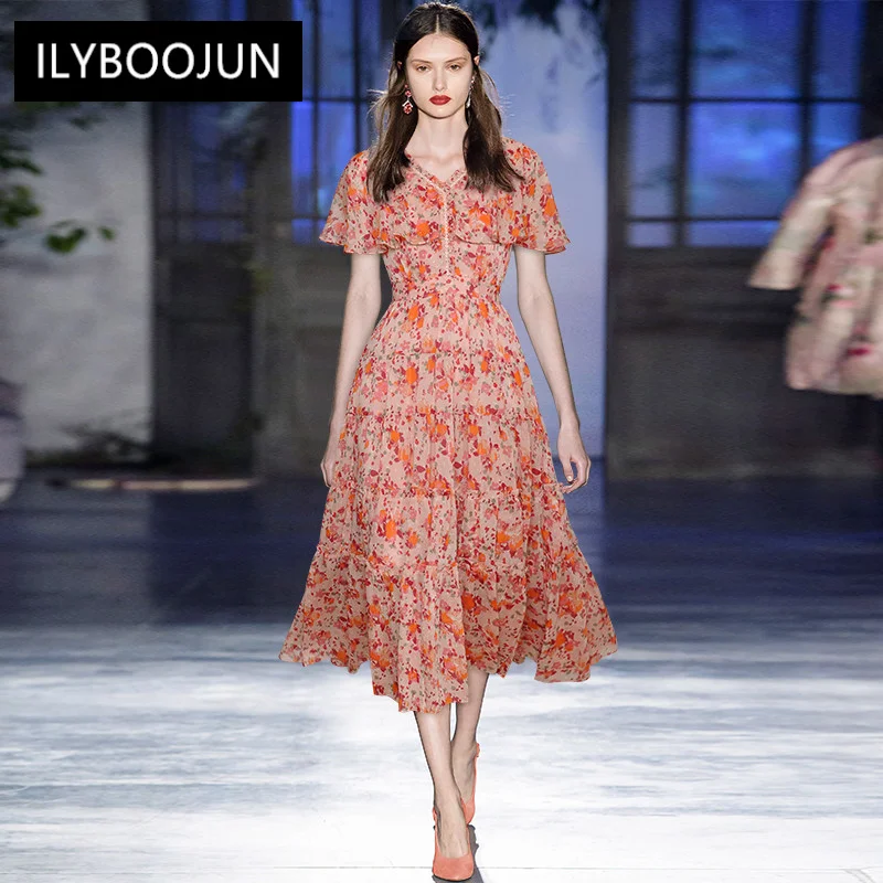 

Женское шифоновое платье с V-образным вырезом и цветочным принтом