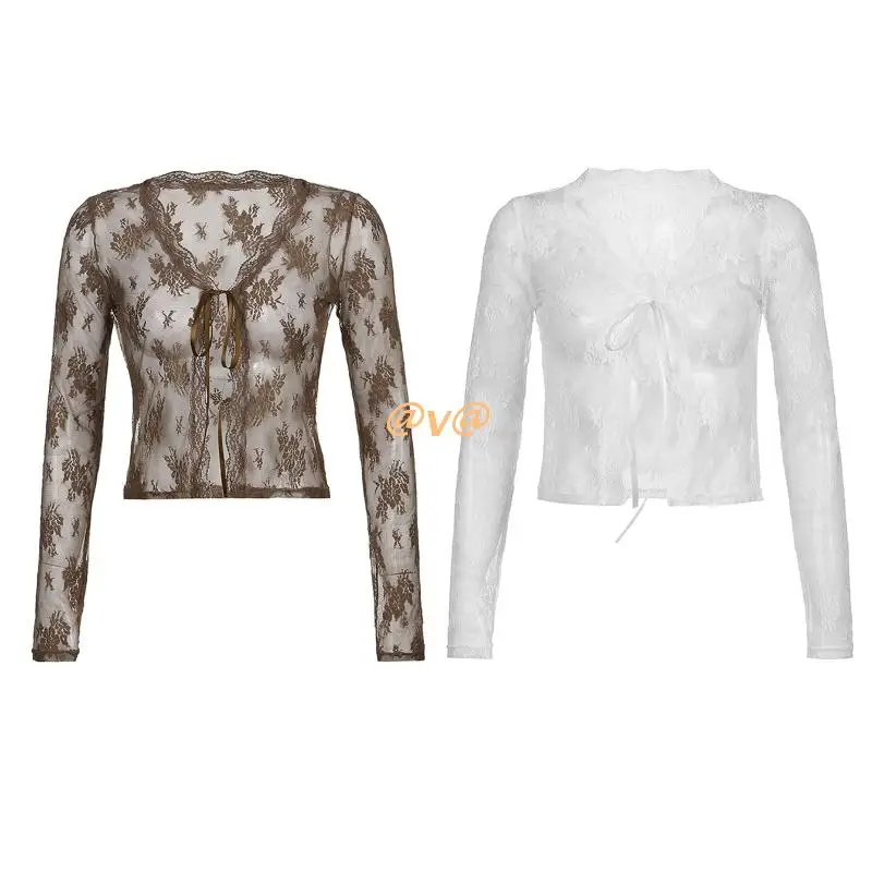 

Women's Open Front Crop Top See Through Cardigan Long Sleeve Lace Mesh Thin Coat