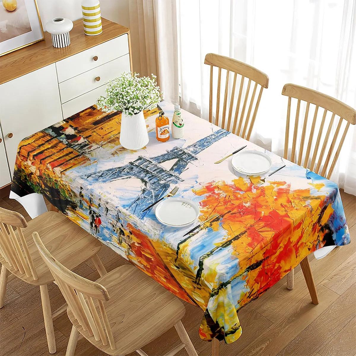 

Oil Painting Tablecloth, Rectangular Polyester Tablecloth, Eiffel Tower Landscape, Lakes, Rivers, Retro, Coffee Shop and Kitchen