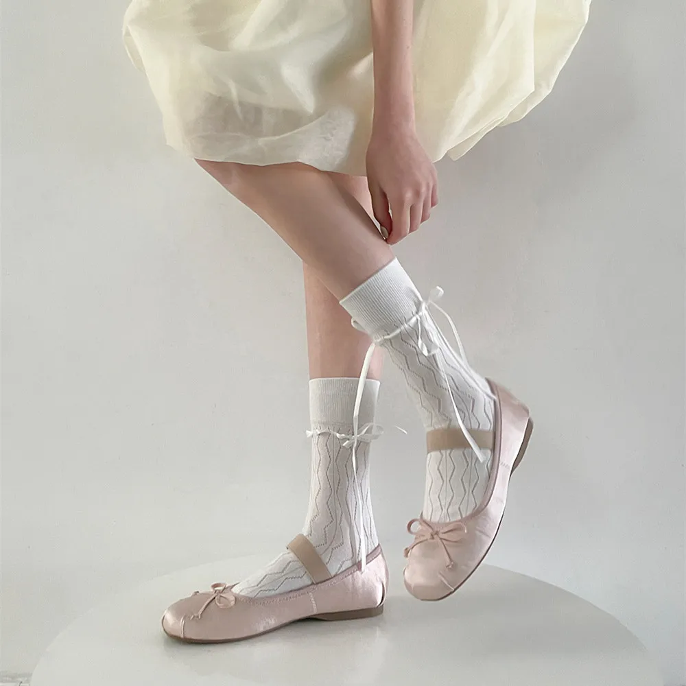 

Japanese Style Kawaii Socks Ballet Style Ribbon Bowknot Bandage Cute Long Socks Women Lolita Sweet Girls Black White Socks