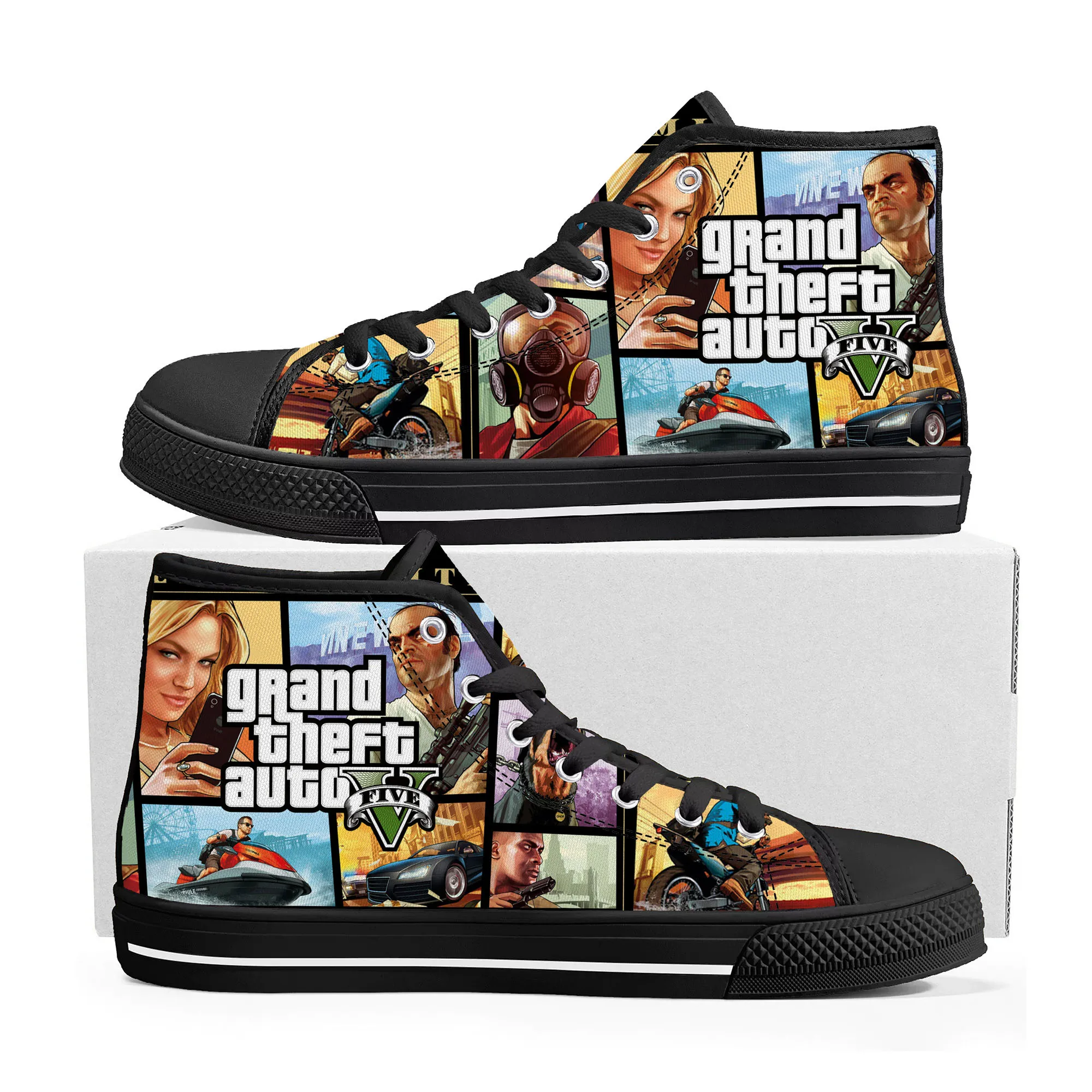 

Anime Cartoon Grand Theft Auto GTA V 5 High Top Sneakers Mens Womens Teenager Canvas Sneaker Casual Couple Shoes Custom Shoe