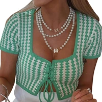 women knitted short sleeve tops ladies fashion plaid pattern adjustable straps square collar summer female clothing