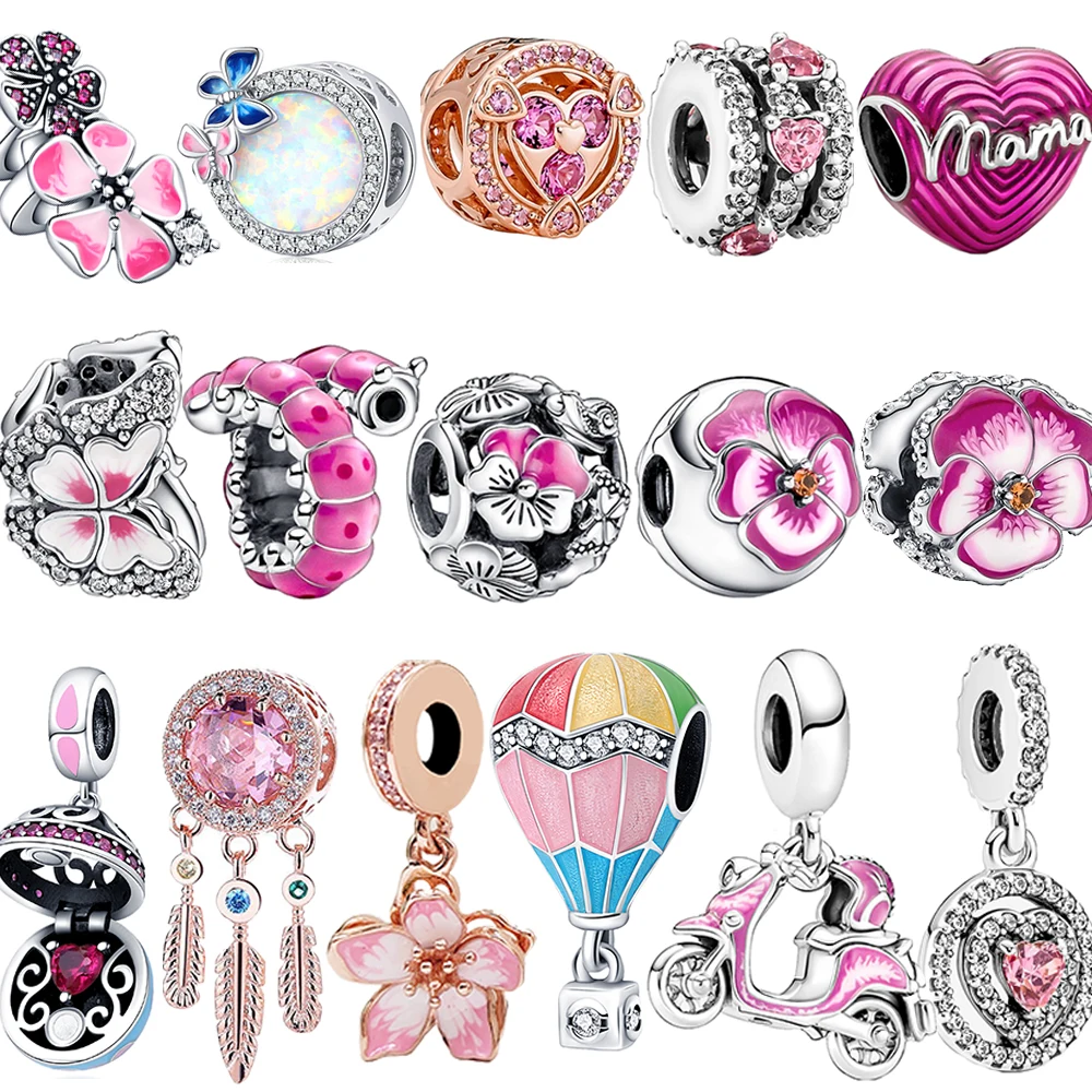 

2022 NEW Girl Bracelet Pink Pansy Flower Scooter Dangle Charm Fit Pandora Original Bracelets S925 Silver Jewelry