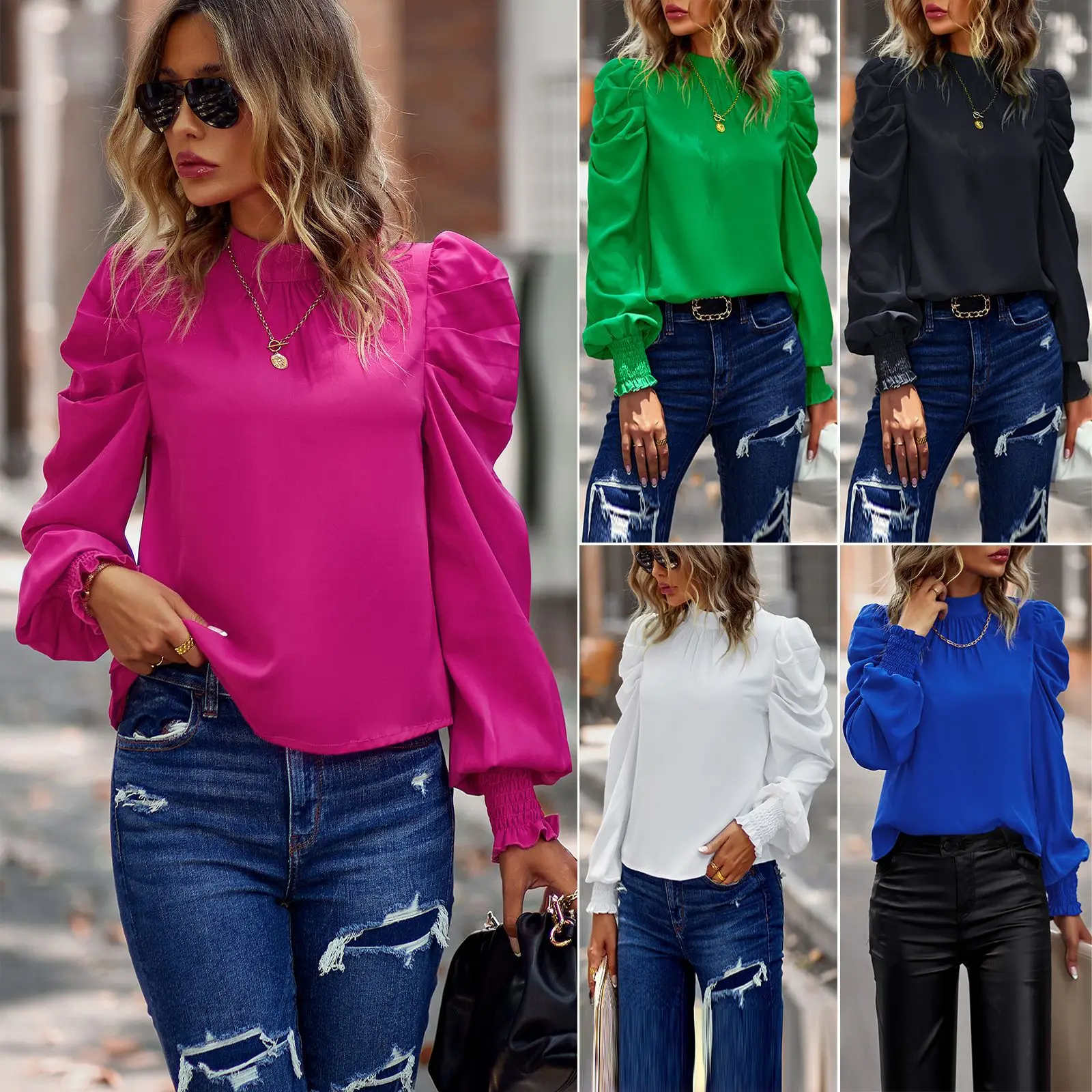 

2022 Autumn and Winter New Bubble Sleeve Temperament Commuter Top 2022 Solid Casual Shirt Women