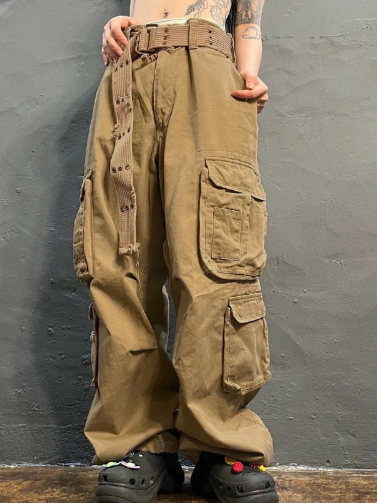 

WeiYao Pockets Streetwear Cargo Jeans Women Khaki Solid Vintage Casual Straight Denim Pants Korean Fashion Cotton Trousers 90s