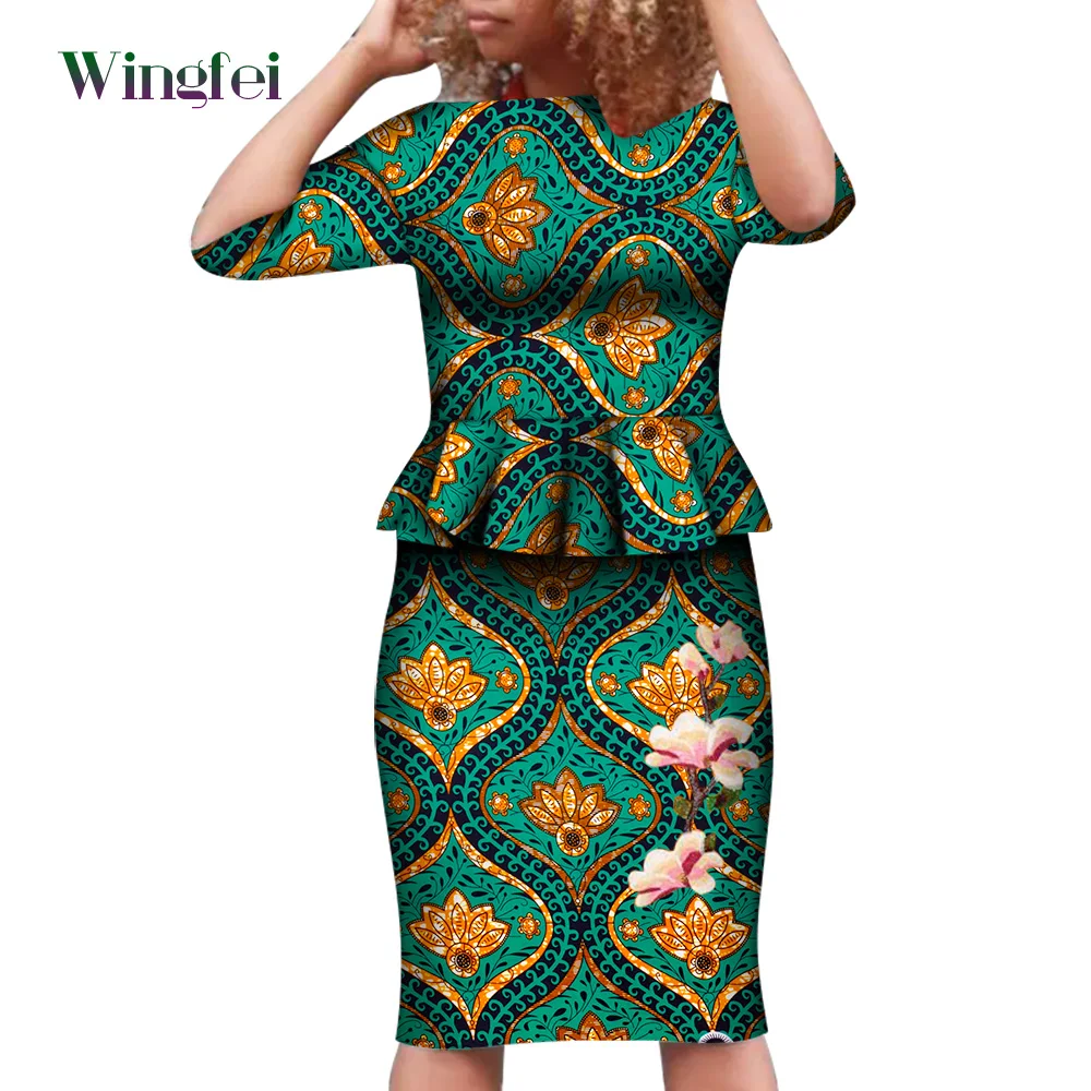 African Women Clothes Ankara Floral Print Top and Skirt 2 Pieces Set Lady Skirt Set Short Sleeve Dashiki Women Suit Wy7652