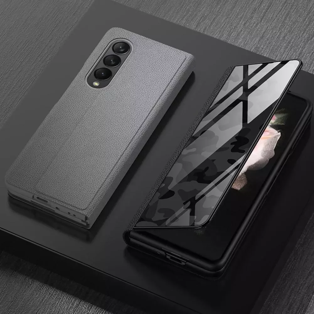 

Galaxy Z Flip3 Fold Case For Galaxy Z Flip 5G Foldable Back Cover Leather Phone Bag Shell 9H Tempered Glass Panel