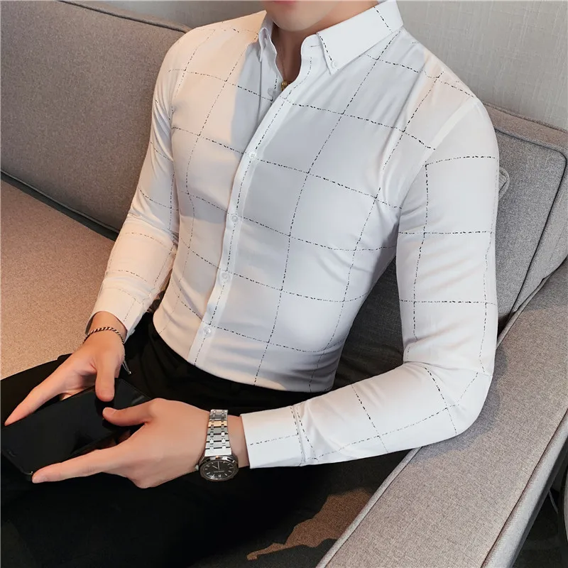 

Мужская рубашка в клетку, Повседневная Деловая Классическая рубашка с длинным рукавом, приталенная офисная рубашка, Мужская Уличная одежда...