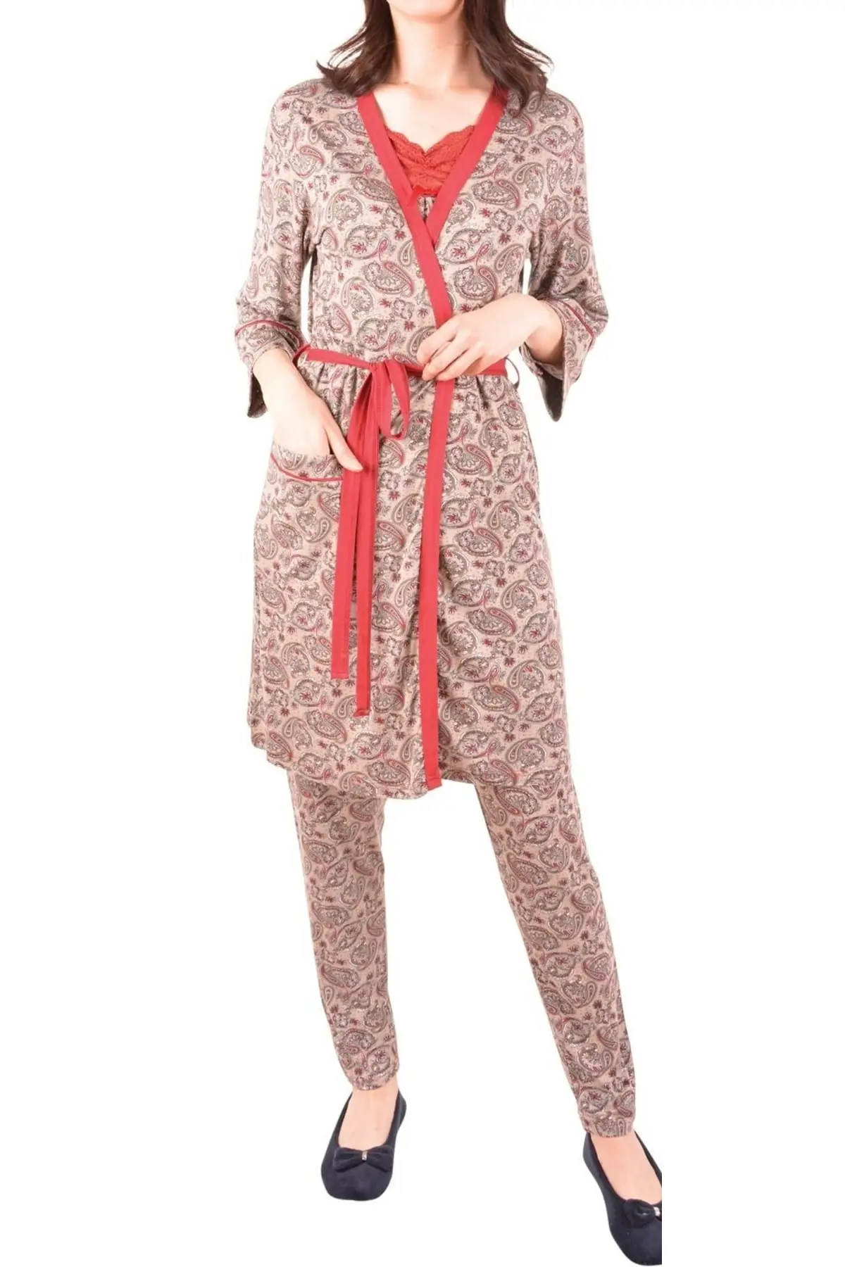 

Халат женский бордовый, пижамный комплект тройного типа, модный халат, халатик, пикантный пеньюар, кимоно, ночная рубашка для невесты