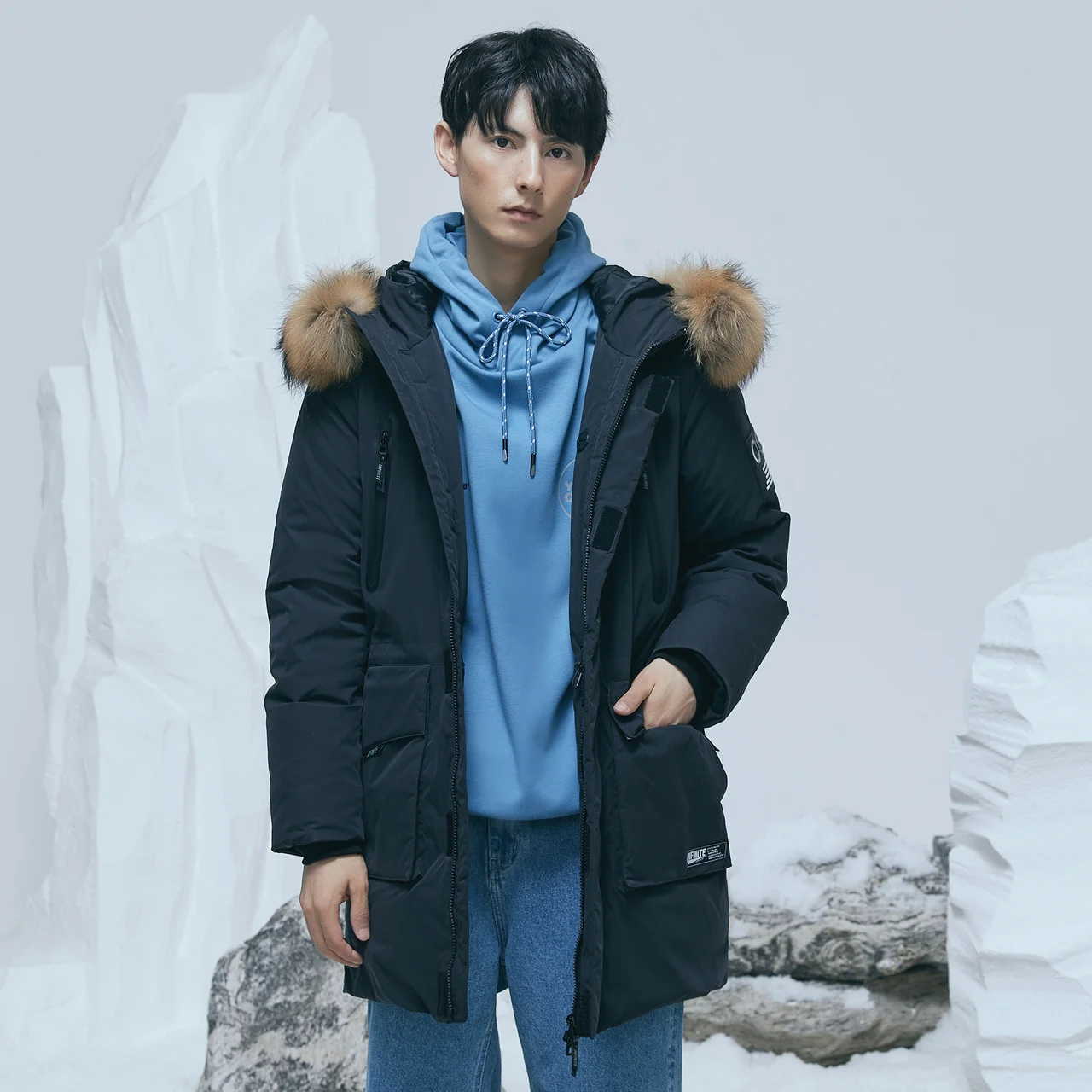 Metersbonwe Polar Series Men's Winter Warm Down Jacket 80% Gray Hooded Duck Down Raccoon Hair Man Hat Brim Down Coat