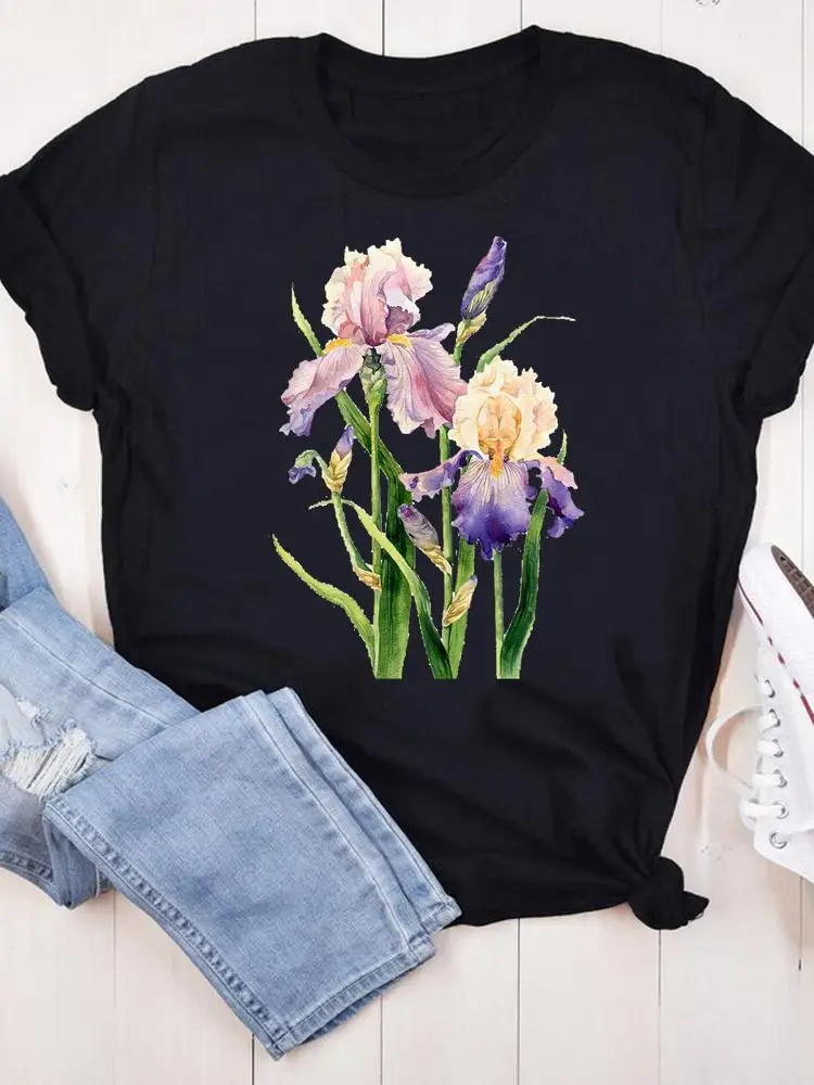 

Футболка женская летняя с коротким рукавом и графическим принтом, милая стильная модная повседневная черная одежда в стиле 90-х с цветами