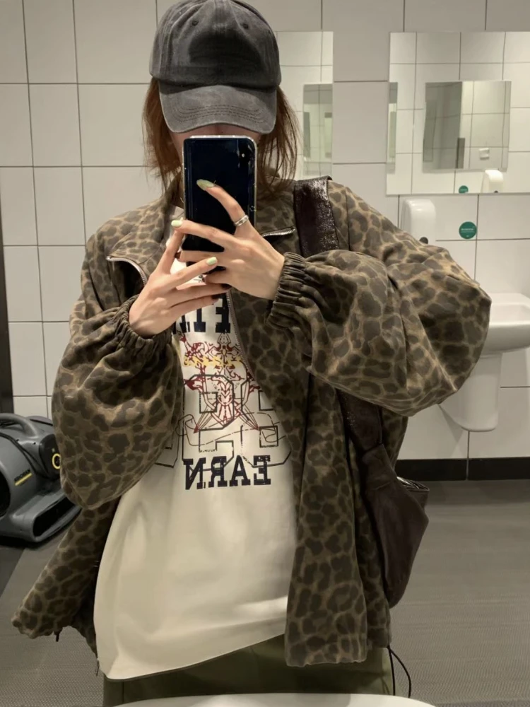 Женская леопардовая куртка на молнии Повседневная Свободная винтажная в стиле