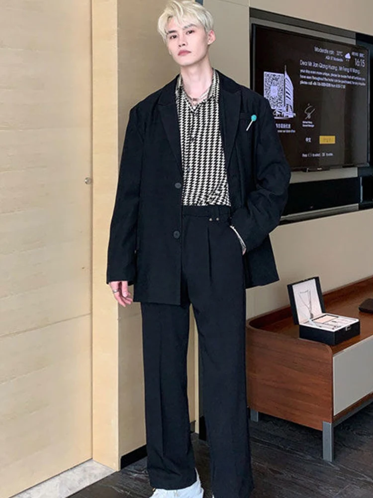 

Men's Black Suits Black White Plaid Shirt + Suit Jacket + Straight Trousers Handsome 3pcs Set Korean 2022SS Elegant Work Wear