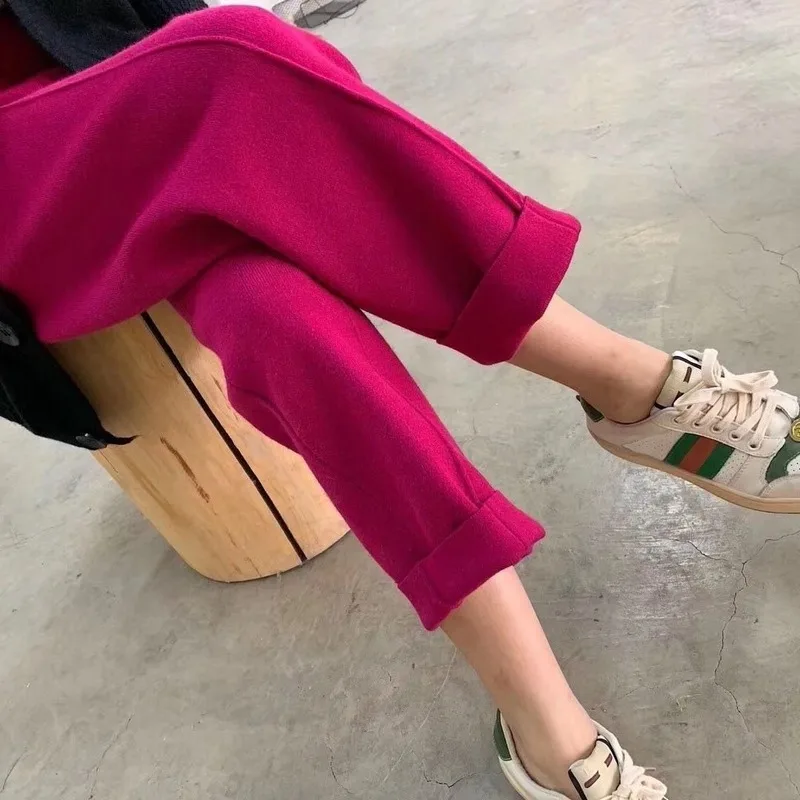 Брюки женские трикотажные прямые длиной до щиколотки толстые теплые свободные