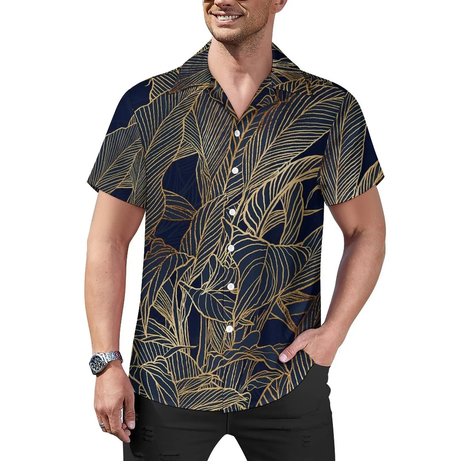 

Рубашка мужская оверсайз с коротким рукавом, Повседневная Блузка с ботаническим принтом, с принтом золотых растений, гавайская дизайнерская уличная одежда для отпуска