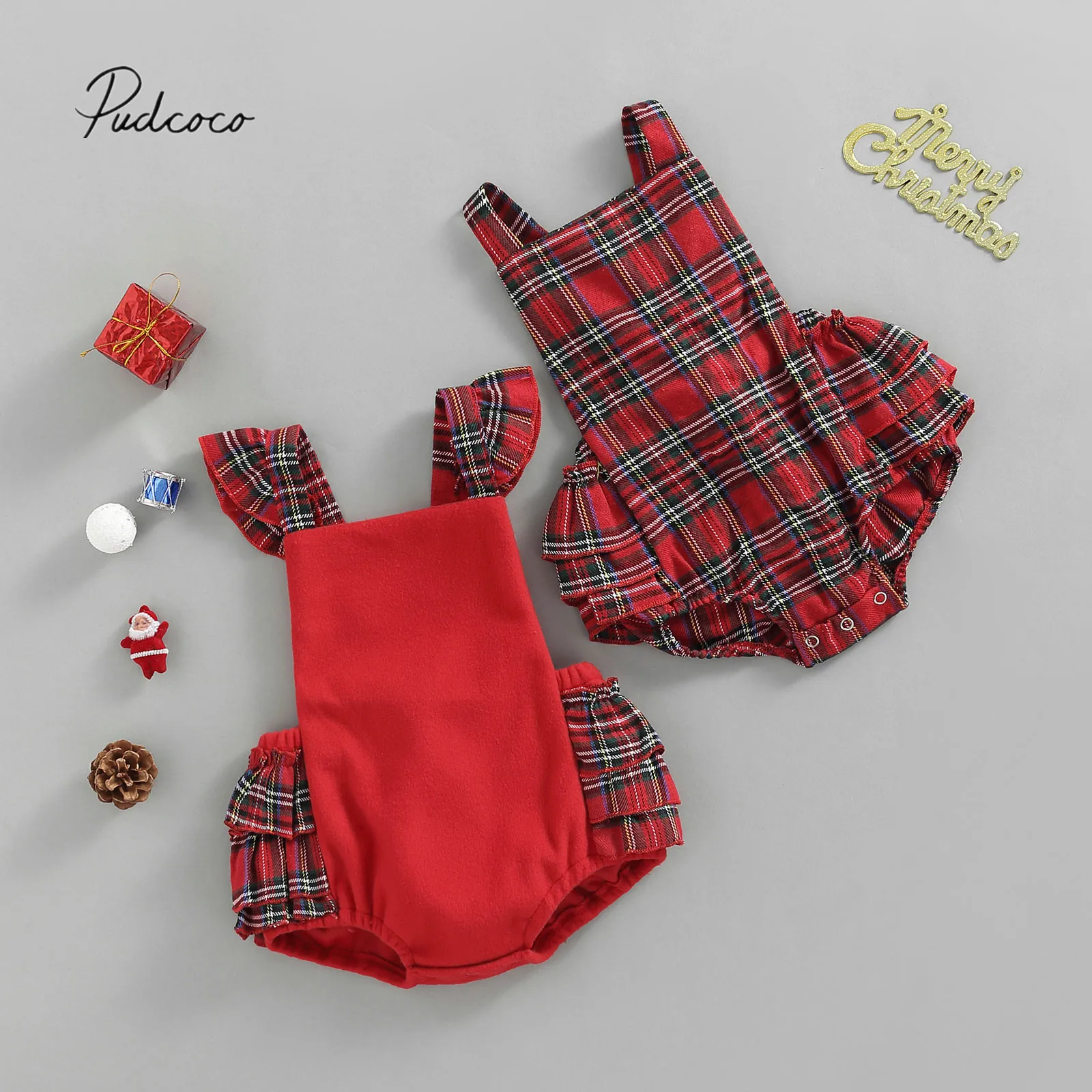 

Infant Newborn Baby Sunsuit, Plaid Square Neck Fly Sleeve/ Sleeveless Bodysuit Summer Outfit for Girls, 0-18 Months