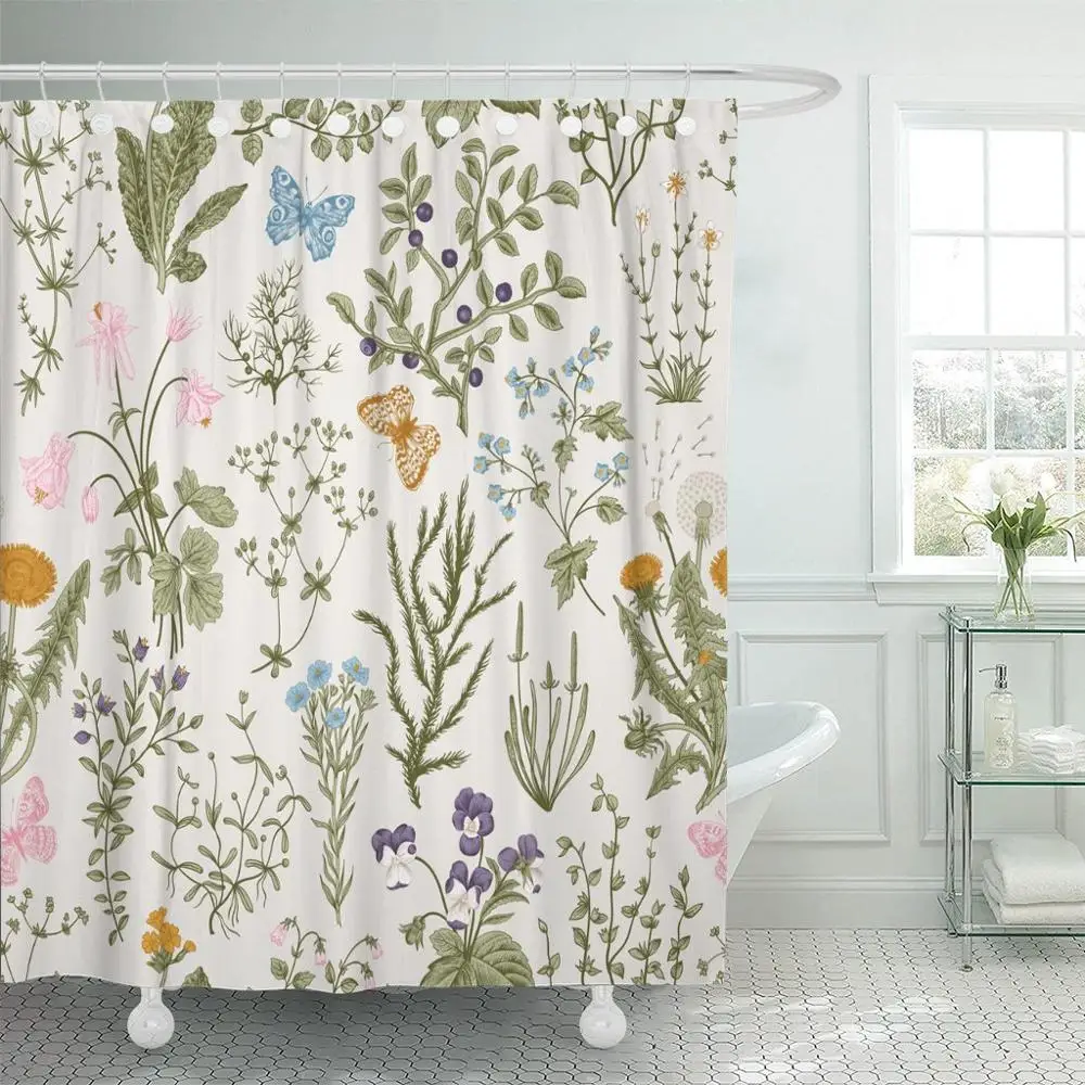 

Flora Vintage Floral Pattern Herbs and Wild Flowers Botanical Engraving Style Colorful Victorian Boho Shower Curtain Waterproof
