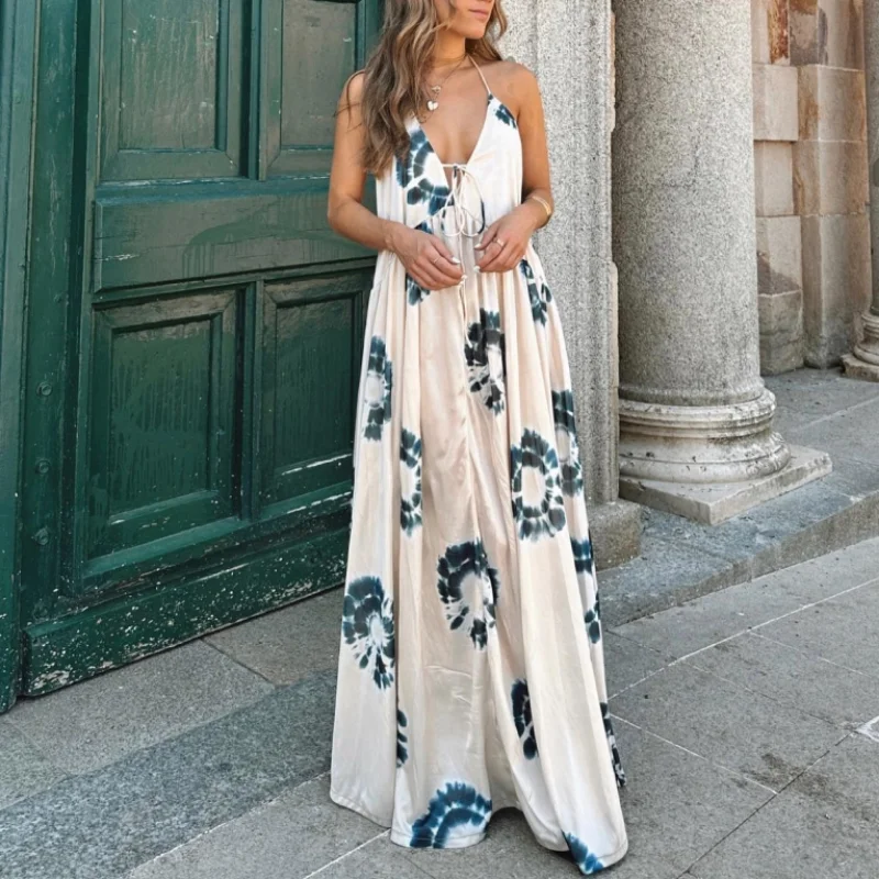 

Fashion Satin Floral Slip Beach Dress Women 2023 Summer Sexy Backless Lace Up Maxi Dress Female Elegant Bohemian Suspender Dress