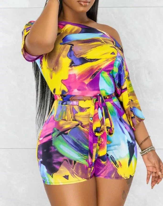 

Summer Woman Jumpsuit Tie Dye Print Casual Skew Neck Short Sleeve Daily Above Knee Romper with Belt 2022 Latest Fashion