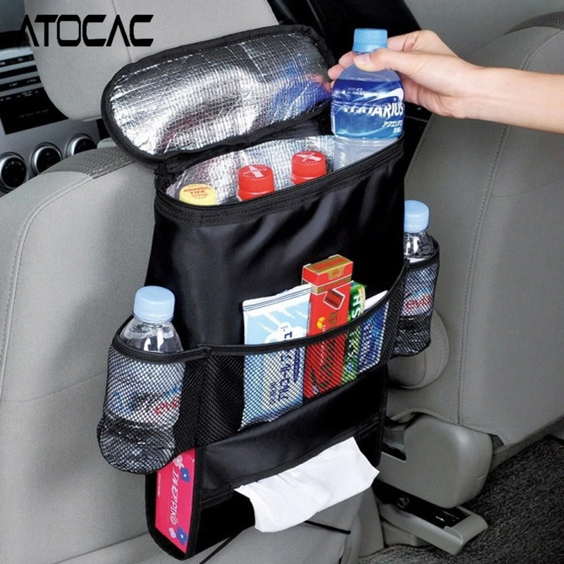 

Подвесная сумка на спинку автомобильного сиденья, изолированный термоорганайзер с сетчатыми карманами, диспенсер для бумажных салфеток, универсальное хранилище для путешествий в автомобиле