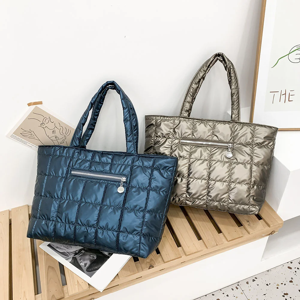 

Fashion Quilted Lattice Shoulder Bags Female Solid Color Nylon Shopping Bag Women Casual Large Capacity Tote Handbags For Women