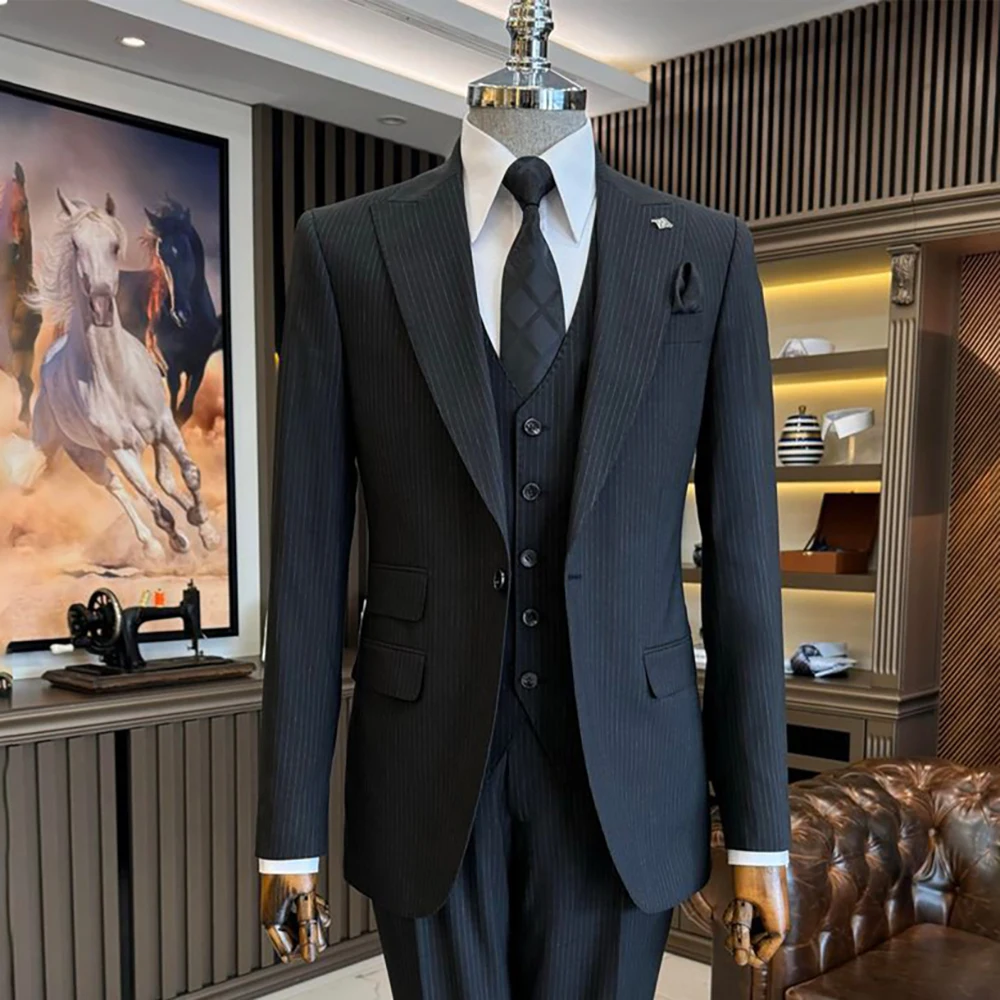 Элегантные черные мужские костюмы однобортный деловой Блейзер полосатый модный