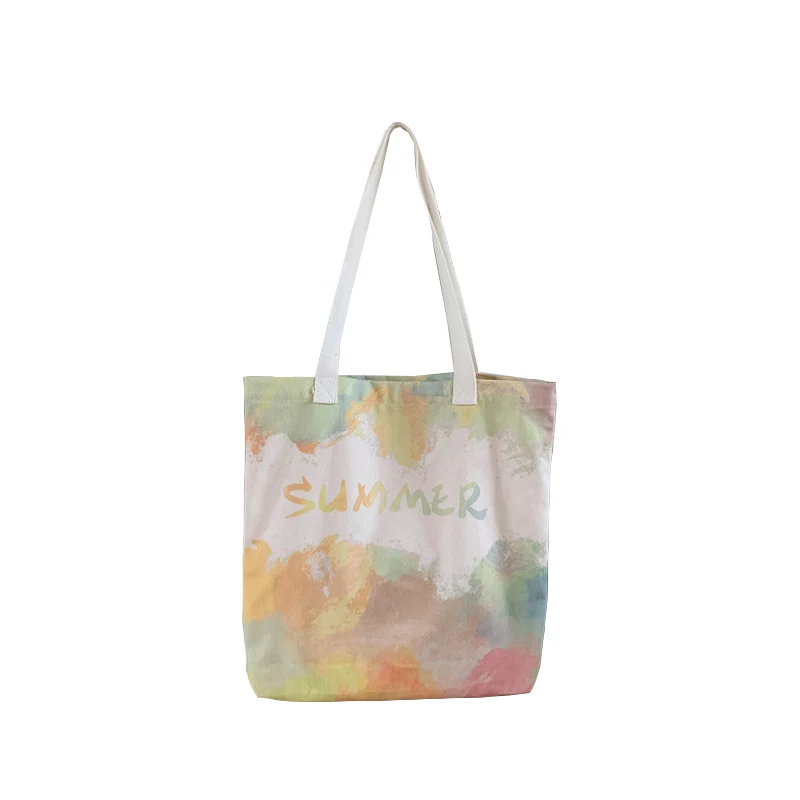 1 Pc Women Gradient Color Tote Bag Summer New Canvas Reusable Shoulder Bag Female  Large Shopping Bag Student Book Pouch