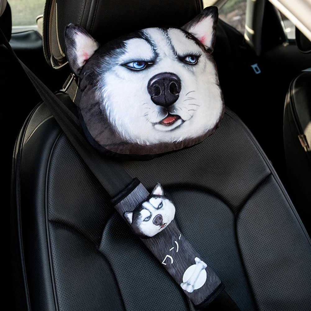 

3D Printed Headrest Car Seat Pillow Neck Support Cartoon Husky Seat Belts Cover Padding Shoulder Pad Auto Interior Accessories