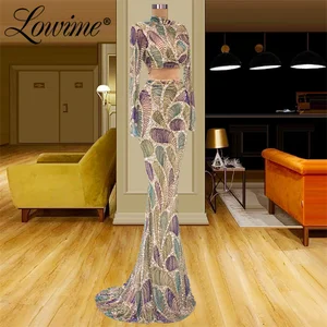 Lowime Two Pieces Party Dress Mermaid Open Back Evening Gowns 2022 Custom Made Long Prom Dresses Plus Size Formal Kaftan Abaya