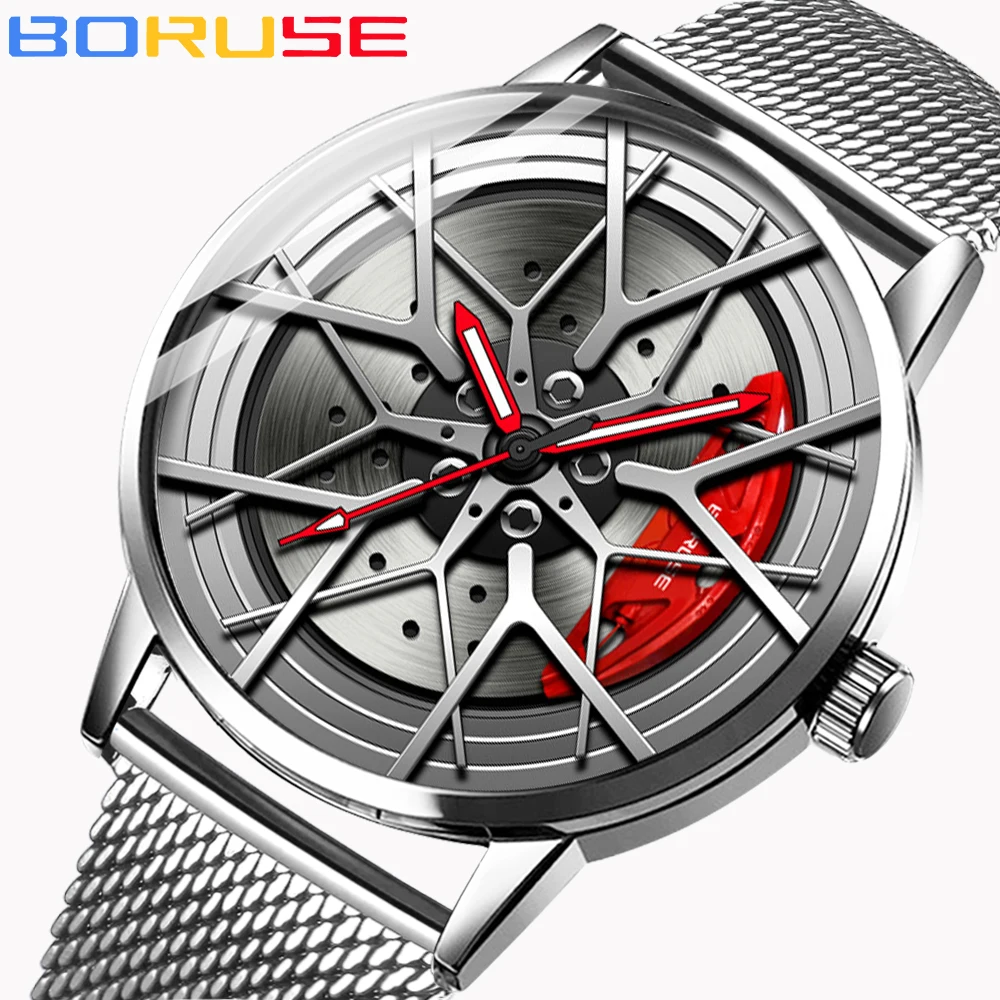 

Fashion Men's Car Wheel Watches Stainless Steel Quartz Mesh Belt Waterproof Watch for Men Luxury Man Wristwatch erkek kol saati