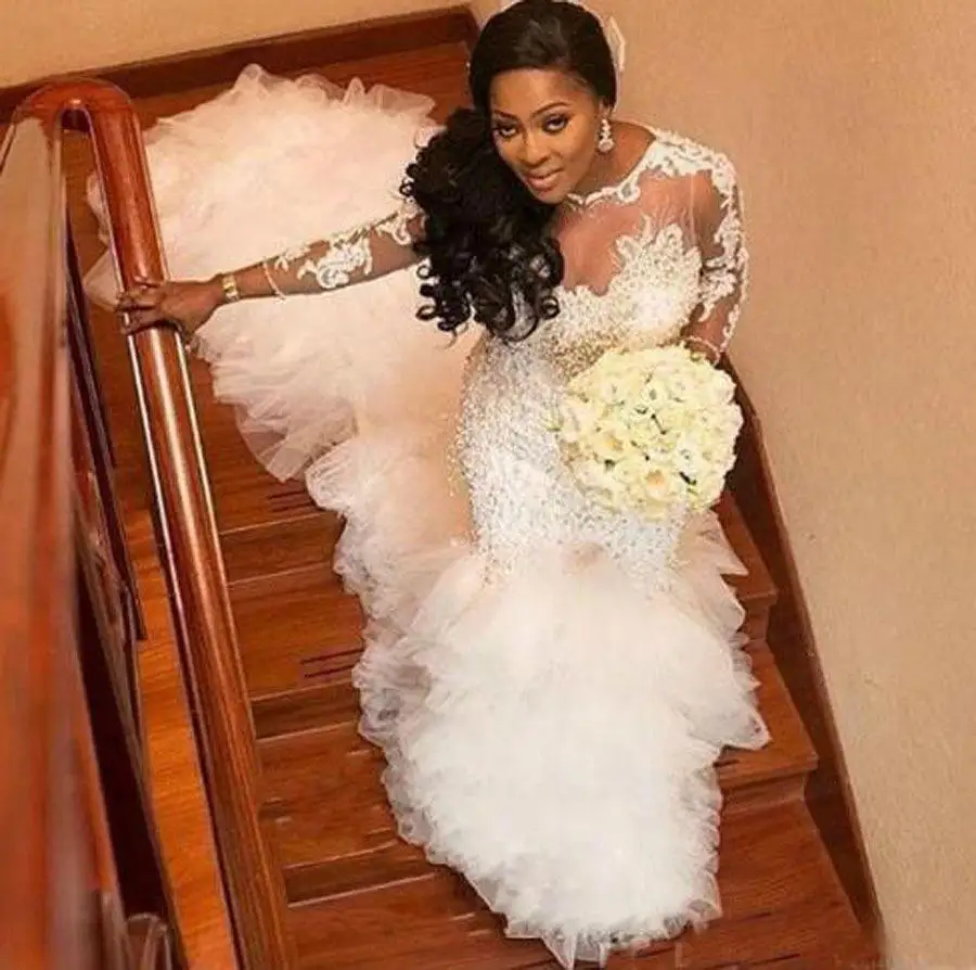 

Sparkly Appliqued Beaded Plus Size Customized African Cathedral Train Ruffled Long Sleeve Wedding Dresse
