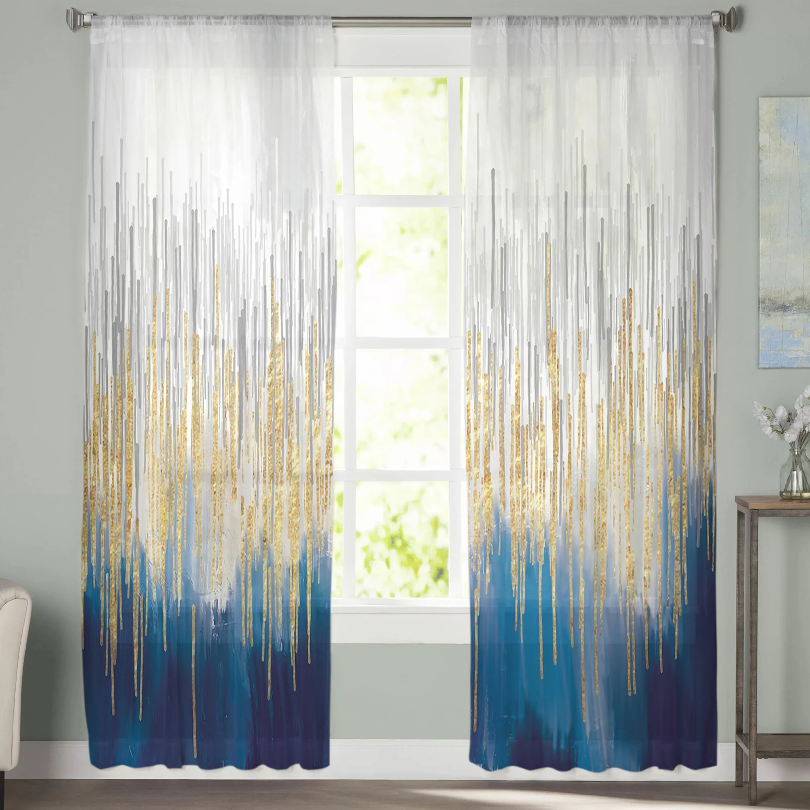 

Blue Abstract Colors Tulle Curtains For Living Room Bedroom Decoration Luxury Voile Valance Sheer Curtains For Kitchen