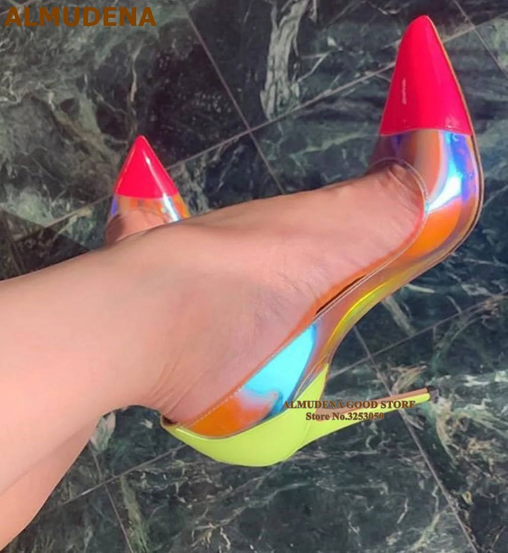 ALMUDENA Pink Pointed Toe Clear PVC High Heel Pumps 12CM 10CM 8CM Stiletto Heels Neon Yellow Heel Color Patchwork Wedding Shoes