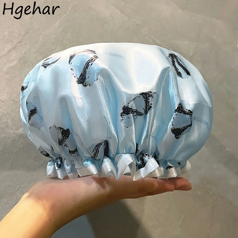

Cute Printed Shower Caps Double Layer Waterproof Bonnet Bathroom Elastic Oil-proof Kitchen Cleaning Head Cover Durable Bath Hats