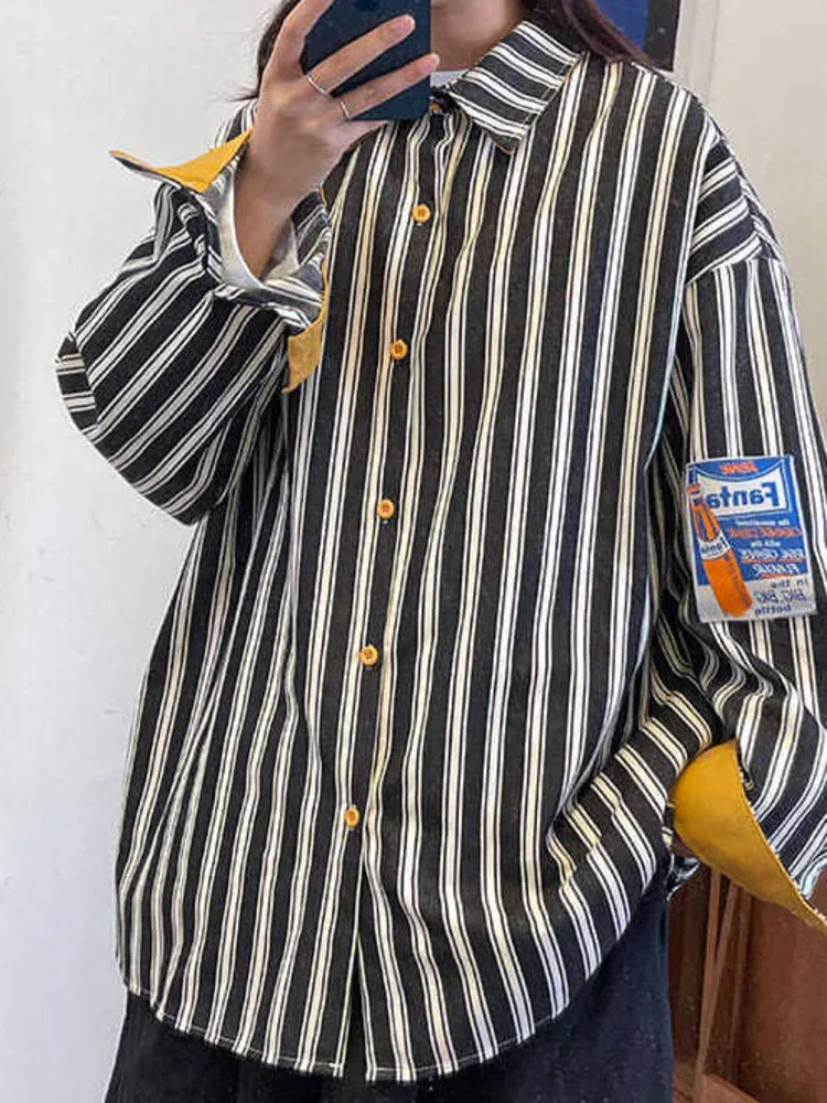 

Vertical Stripe Long Sleeve Shirt Women 2022 Spring New Female Harajuku Korean Loose Port Style Pasted Cloth Shirt Coat