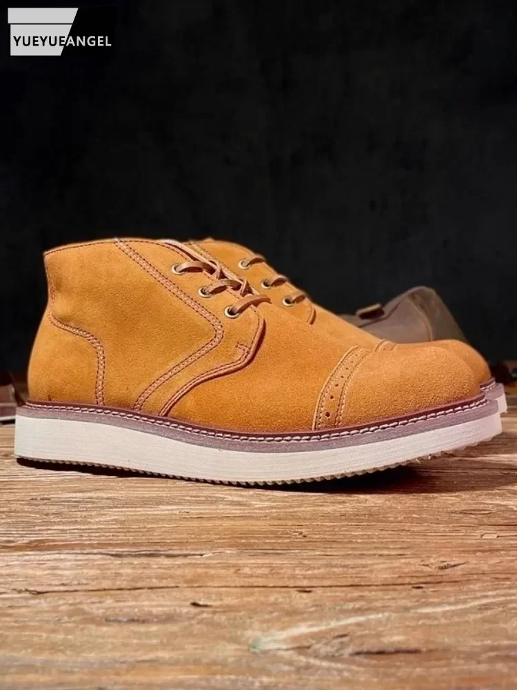 Винтажные мужские замшевые ботильоны в британском стиле на шнуровке с круглым