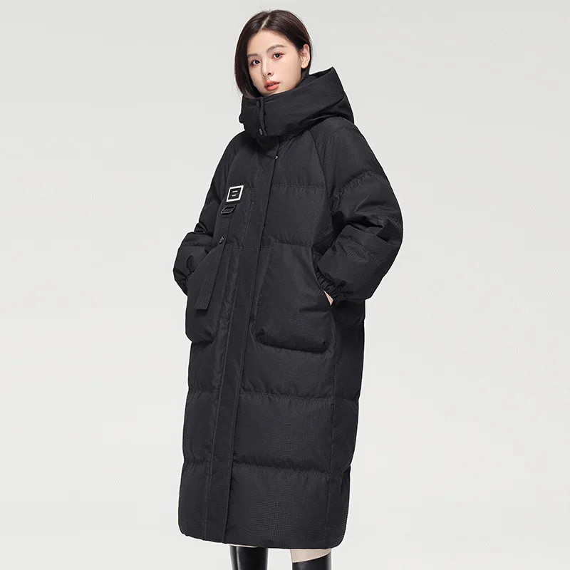 damska biała kurtka puchowa długa kołnierz z kapturem luźna ciepła gruba moda nowość zima 2024