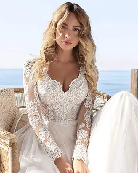 

Long sleeve lace 2022 new tulle sexy temperament elegant backless party wedding gown bridal gown