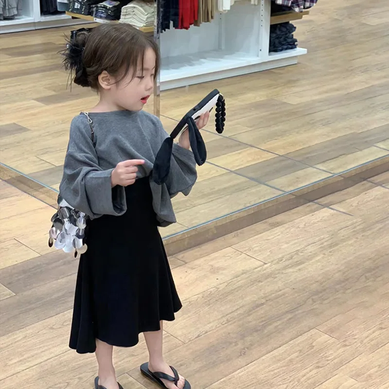 

2023 Kids Girls Spring Autumn Clothes Set Cotton Loose High Waist Ruffles Skirts Suit Stretch Pullover Bottoming Girls Outfit