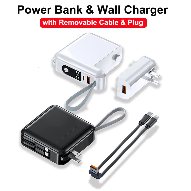 Фото Power Bank 30000 мАч с кабелем, вилкой переменного тока, настенное зарядное устройство, 22,5 Вт, быстрая зарядка, внешний аккумулятор для iPhone 16, Samsung Xiaomi №2
