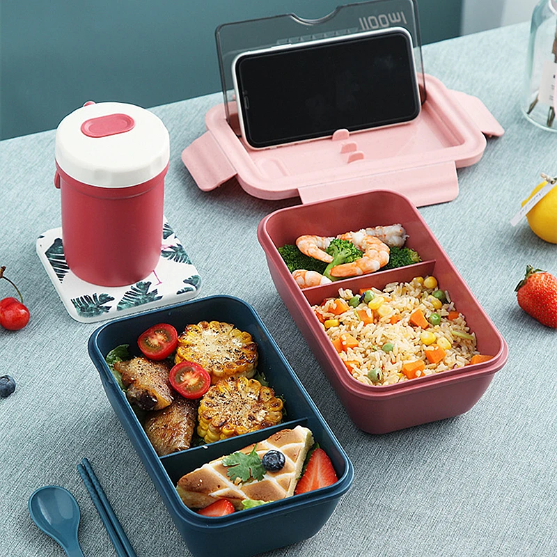 

2 Grids Plastic Lunch Bento Box Case with Spoon Chopsticks Microwave Heating Food Storage Container School Kids Tableware