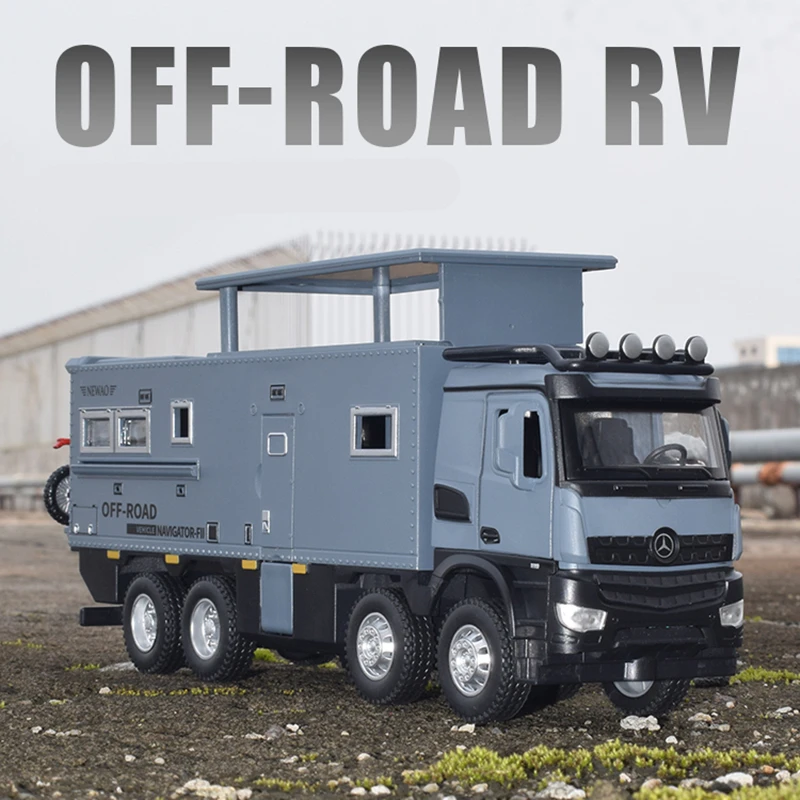 

Коллекция 1/28 года, модель автомобиля nomadists Arocs Unimog из сплава для дома на колесах, литый под давлением металлический внедорожник, модель автомобиля на колесах, звуковая модель, детская игрушка в подарок