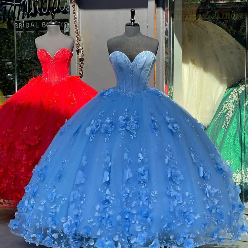

Голубые платья для девушек ANGELSBRIDE с 3D цветочной аппликацией, милое бальное платье из органзы с бисером, 16 шт., со шнуровкой, быстрая доставка